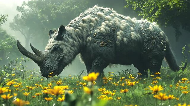 Woolly Rhino in a Field of Flowers, rhinoceros, prehistoric, extinct, animal, wildlife