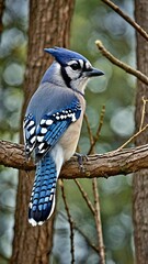 A blue jay perched on a tree branch in a forest setting during a sunny day, showcasing its vibrant colors and intricate feather patterns