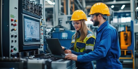 Engineers Analyzing Data on Factory Control System. Two engineers in hard hats analyzing data on a factory control system, focused on efficiency and accuracy in manufacturing processes.