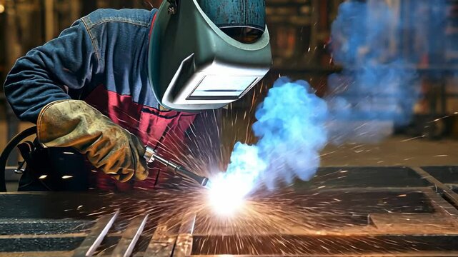 Welder working on metal construction, welding, worker, industry, safety, sparks