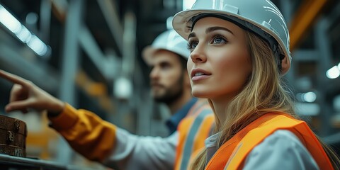 Focused Female Engineer at Industrial Facility. Close-up of a female engineer in a hard hat and safety vest at an industrial site, assessing equipment and ensuring workplace safety.