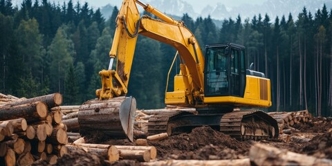 Fototapeta premium Excavator Lifting Logs in Scenic Forest Landscape