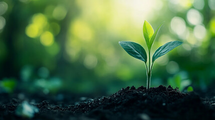 A young plant sprouts from fertile soil in a lush green environment filled with sunlight