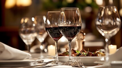 Elegant table setting with red wine glasses and gourmet dishes in soft lighting.