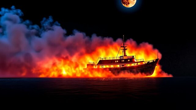 Ship on Fire at Sea, boat, burning, flames, smoke, ocean