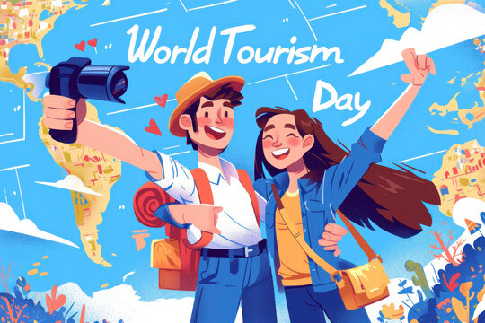 Illustration of Couple Taking a Selfie on World Tourism Day - Powered by Adobe