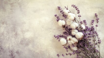 Lavender and cotton flowers arranged on textured surface