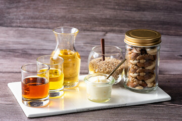 Many kinds of oil - wood background - for healthcare 2