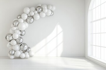 Elegant minimalistic white and silver balloon arch decorated in a bright room for a special celebration event