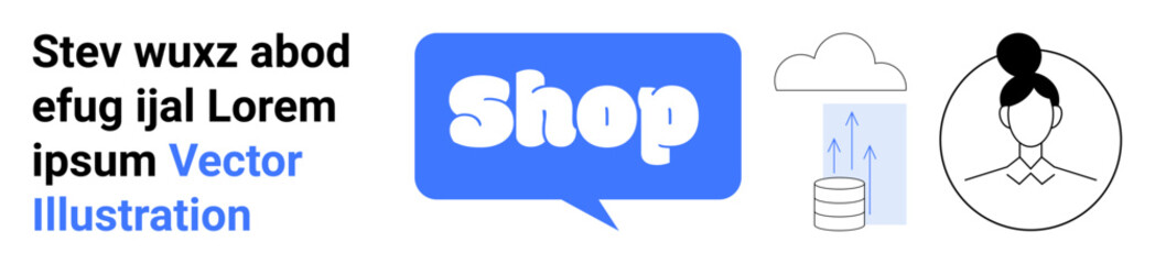 Shop speech bubble icon in blue, cloud storage icon with arrows, and customer profile icon of a woman with a bun. Ideal for online shopping, ecommerce, cloud storage, database, customer profiling