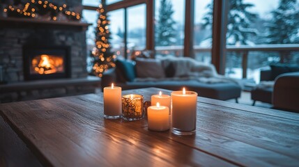 winter festive festival Christmas snow celebration cozy warm home living room indoor wooden table lit candles snowy landscape peaceful atmosphere fireplace