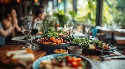 Obraz premium A vibrant table of gourmet dishes, featuring salads and seafood in a modern dining setting.