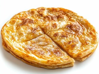 Crispy golden brown Thai roti or flatbread pastry drizzled with sweet condensed milk and sugar served as a traditional street food delicacy on a clean white background