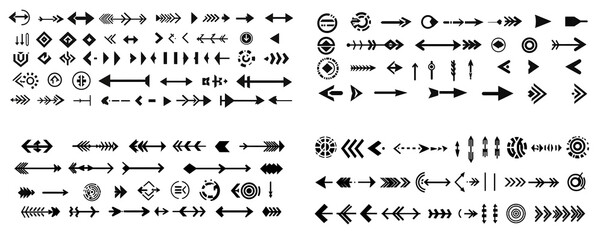 Set of Black Arrow Icons in Various Shapes on white and transparent background. PNG