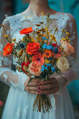 Elegant bride holding a bouquet of flowers