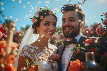Smiling Bride with Lace Dress and Flower Crown with Groom in Garden
