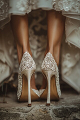 Close-Up of Woman's Feet in Lace-Patterned High Heels 