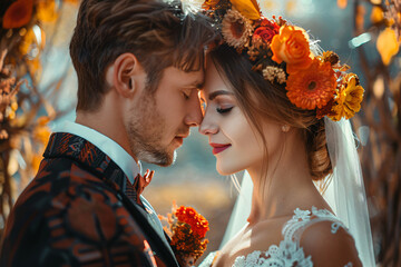 A young couple in a romantic embrace, the woman wearing a floral crown and the man with a beard