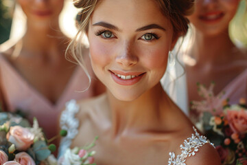 Bride and Bridesmaids in Pink Dresses with Bouquets on Wedding Day