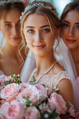 Three brides smiling and holding a bouquet of flowers