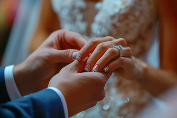 Groom Places Ring on Bride's Finger During Wedding Ceremony