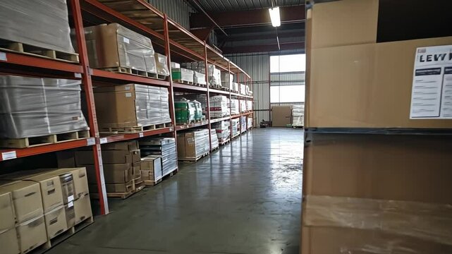 Cardboard Boxes stacked on shelves in a warehouse, storage, distribution, shipping, logistics, pallets