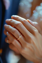 Bride's hand wearing a gold ring, Close up