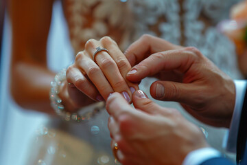 Groom Places Ring on Bride's Finger During Wedding Ceremony