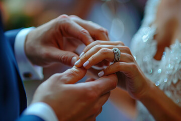 Groom Places Ring on Bride's Finger During Wedding Ceremony
