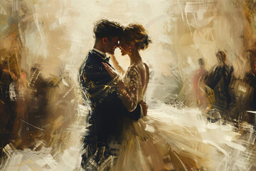 Romantic Painting of Young Couple Embracing on Wedding Day