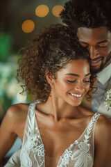 A young African American couple embracing, the woman has curly dark hair and a warm smile, the man has a beard and is looking down at her affectionately