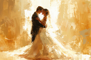 Romantic Painting of Young Couple Embracing on Wedding Day