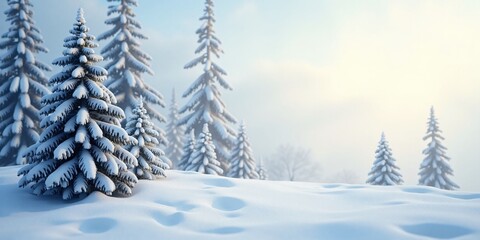 Fototapeta premium Christmas Snow-covered pine trees, on the left side, with a soft winter sky on the right leaving room for text.