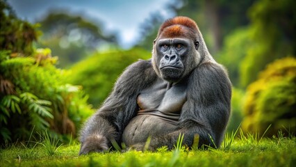 Obraz premium Wide-angle shot of a silverback gorilla resting in a meadow