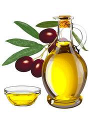 オリーブオイル（瓶、ボウル、枝葉実付き）