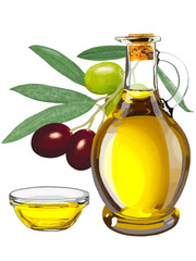 オリーブオイル（瓶、ボウル、枝葉実付き）完熟と未熟