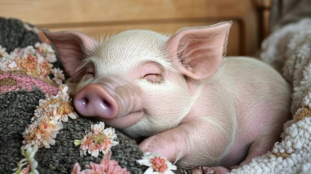 Piglet Sleeping on Blanket, pig sleeping, sleeping pig, pink pig, white pig, piglet on blanket