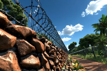 Digital 3D scene of a prison yard with high walls and barbed wire, capturing the stark and secure environment of a prison exterior, symbolizing control and strength