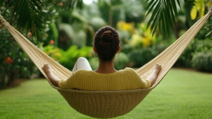 Woman relaxing in a hammock completely at peace surrounded by the lush greenery and shade of a tranquil garden paradise  A serene and idyllic scene of rest and solace