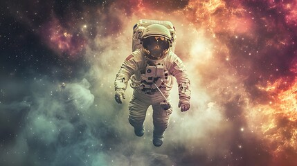 Fototapeta premium An astronaut floats weightlessly in vibrant cosmic space.