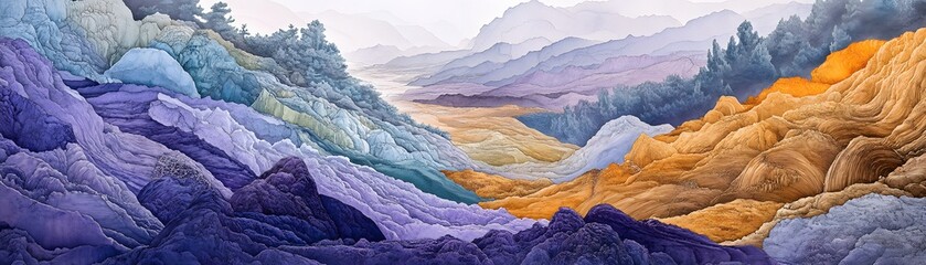Fototapeta premium Abstract Painting of a Mountain Range with Blue, Purple, and Gold Tones