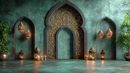 Ornate Arabic Interior with Lanterns and Candles