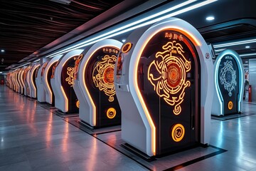 Digital prison setting with neon signs and high-tech barriers, capturing the intense and high-security atmosphere of a cyberpunk prison, symbolizing vigilance and style