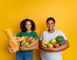 Two individuals holding various grocery items against a bright yellow background. This vibrant image highlights a mix of healthy foods and household essentials, emphasizing nutrition and daily living.