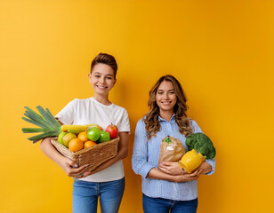 Two individuals holding various grocery items against a bright yellow background. This vibrant image highlights a mix of healthy foods and household essentials, emphasizing nutrition and daily living.
