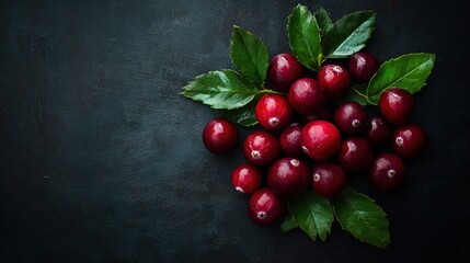 Cranberries on a Dark Background with Leaves