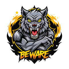 aggressive grey wolf head mascot logo