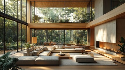 Fototapeta premium Modern House with Large Windows and a Fireplace