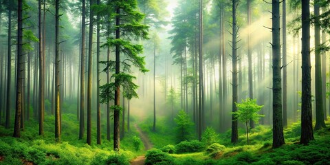 Fototapeta premium A serene forest landscape wallpaper featuring tall trees with lush green foliage and a misty atmosphere, forest interior, botanical design