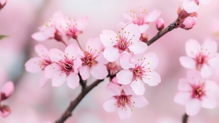 Obraz premium Soft pink cherry blossoms in full bloom covering the branches in a tranquil and serene garden setting with a deep depth of field creating a dreamlike and romantic atmosphere